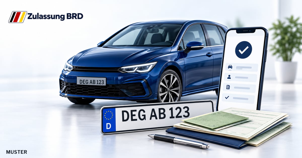 Online Fahrzeugzulassung in Landkreis Deggendorf: Musterkennzeichen DEG AB 123, Auto und Fahrzeugpapiere und Smartphone. Illustration mit Logo von Zulassung BRD.